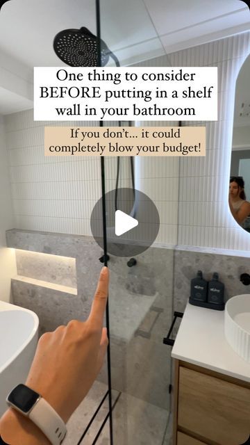 The Bathroom Guide on Instagram: "CHECK THIS FIRST! ⬇️  💾 SAVE this for later & FOLLOW for more @bathroomguide_  Wall to wall shelf walls have many benefits!   BUT if you plan on your shelf wall running through into your shower area you’ll need to take note of this one extra cost 👇🏼  Custom shower screens 🙌💸  Without a shelf wall in your shower area, you have the potential to save big money on your shower screens by purchasing a pre made panel! 🤑  But with a shelf wall in the way, you won’t be able to save money with a pre made panel… you’ll have to get one custom made so that it is shaped around the shelf wall 🛁  In comparison a custom cut panel can be as much as an extra $1000 than a pre made panel 😳  So if your on a tight budget, make sure you consider this BEFORE you go ahead a Shelf On Shower Wall, Ledge Wall In Bathroom, Tight Bathroom Ideas, 4x7 Bathroom Design, Wall In Shower Ideas, Shelf In Shower Wall, Shower Ledge Shelf, Shower Ledge, Shower Wall Ideas