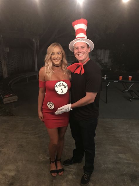 Halloween Couple Costume Pregnant, Newly Pregnant Halloween Costumes, Holloween Costume Ideas For Pregnant Women, Cute Pregnant Couple Halloween Costumes, Cat In The Hat Thing 1 Thing 2 Costume, Pregnant Woman Halloween Costumes, Cat In The Hat Family Costumes, Halloween Maternity Costumes, Couples Costumes Pregnant