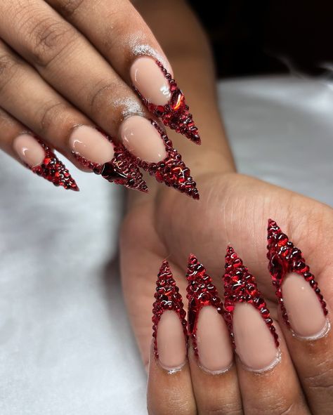 Red Diamond Frenchies ❤️💎 • • • Apres Natural Stiletto Long • • • #nails #nailsnailsnails #nailsofinstagram #nailsbyavryl #gelx #gelxnails #gelxnailtech #explorepage #frenchtipnails #diamondnails #stilettonails Red Bottom Nails Short, Holiday Fingernails, Red Nails With Diamonds, Bottom Nails, Red Bottom Nails, Red Bottom, Diamond Nails, Red Diamond, Nails Short