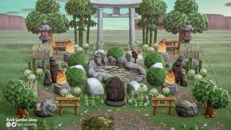 Acnh Fountain Garden, Acnh Zen Garden Idea, Zen Garden Animal Crossing, Animal Crossing Rock Garden, Animal Crossing Zen Garden, Acnh Zen Garden, Japanese Exterior, Japanese Neighborhood, Cottagecore Animal Crossing