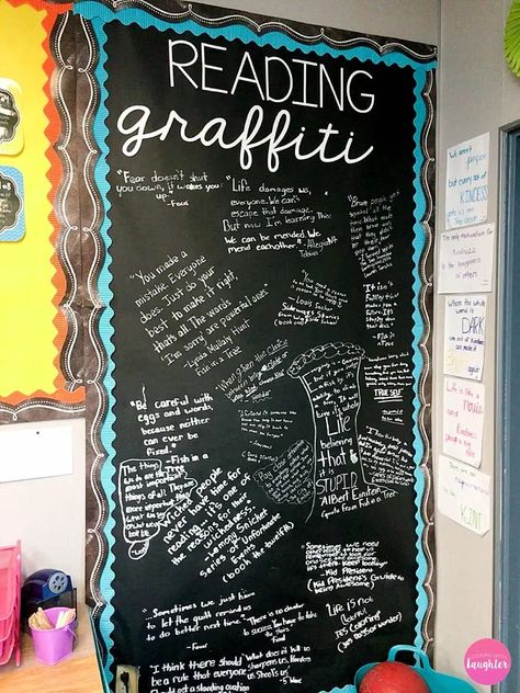 Reading Graffiti Wall: Fostering a Classroom Reading Community - Lessons With Laughter Reading Quotes Bulletin Board, Cute Classroom Reading Corners, Reading Corner Wall Decor Classroom, Year 6 Book Corner Ideas, Year 5 Reading Corner, Classroom Cupboard Decor, Reading Corner Classroom Middle School, Year 6 Reading Corner, Quirky Classroom Decor