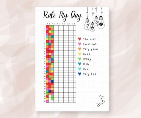 Rate My Day Printable Tracker | Year In Pixels | Bullet Journal Printables | Mood Tracker | Yearly Tracker | Premade Bujo Template Bujo Energy Tracker, Bujo Tracker Ideas Yearly, Rate My Day Tracker, Bullet Journal Year Calendar, Dot Journal Mood Tracker, Month In Pixels, Daily Tracker Bullet Journal, Rate My Day Bullet Journal, Yearly Bullet Journal Ideas