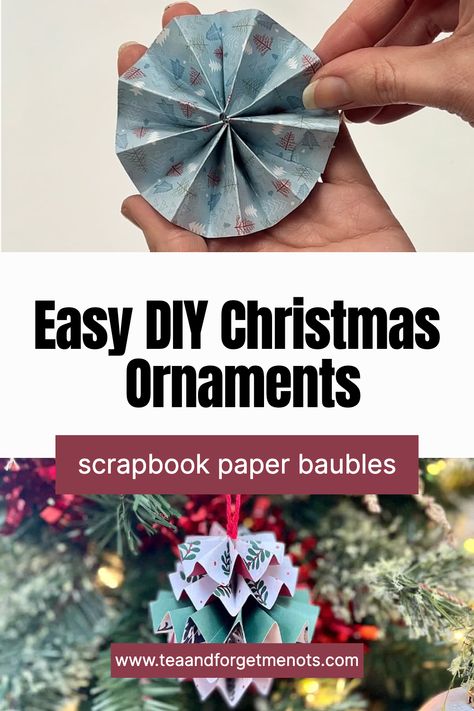 Easy DIY Christmas ornaments scrapbook paper baubles Home Made Paper Christmas Ornaments, Stampin Up Christmas Decorations Paper Ornaments, Scrapbook Paper Ornaments Diy, Christmas Crafts With Scrapbook Paper, Paper Strip Ornaments, Homemade Paper Crafts, Scrapbook Paper Ornaments, Homemade Baubles, Diy Paper Ornaments Christmas