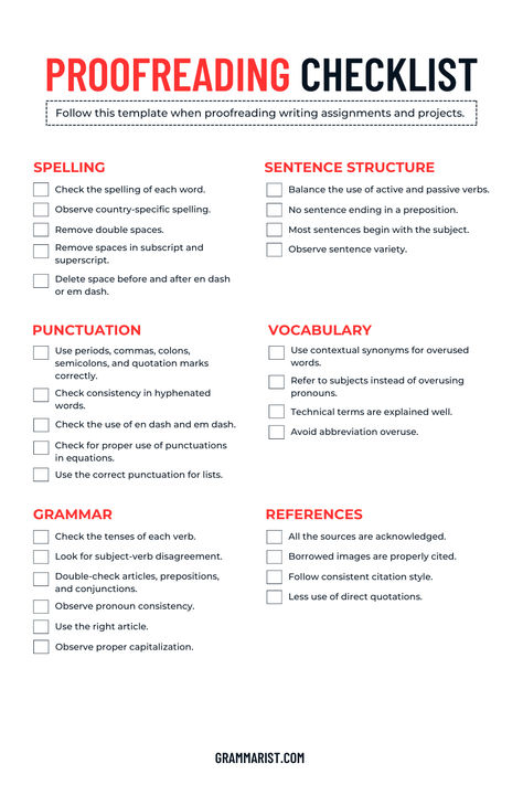 Comprehensive proofreading checklist template covering six key areas: spelling, sentence structure, punctuation, vocabulary, grammar, and references for thorough editing. Writing Editing Checklist, Novel Editing Checklist, Book Writing Checklist, Proofreading Checklist, Mark Word, Written Communication, Editing Checklist, Writing Checklist, Book Editing