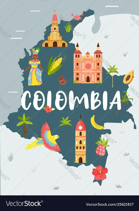 Colombia Symbols, Map Of Colombia, Costa Rica Art, Colombia Map, Colombian Culture, Colombian Art, Travel Art Journal, Colombia Travel, Heart Illustration