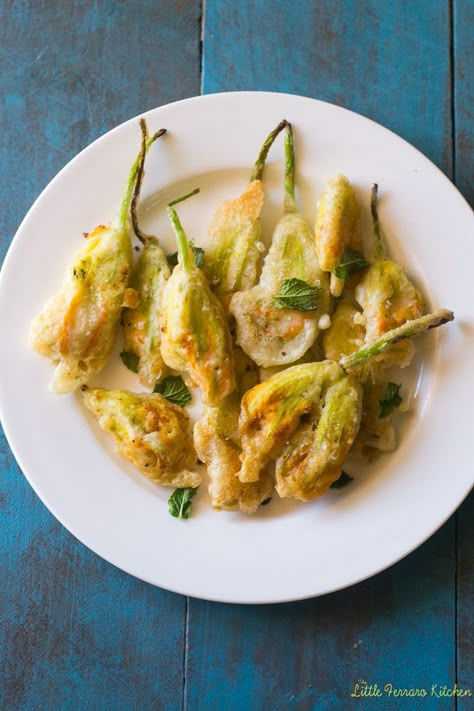 Ricotta Stuffed Squash Blossoms - The Little Ferraro Kitchen Hor Devours, Squash Blossom Recipe, Stuffed Squash Blossoms, Easy Italian Meatballs, Stuffed Squash, Chicken Piccata Recipe, Zucchini Flowers, Zucchini Blossoms, Summer Flavors