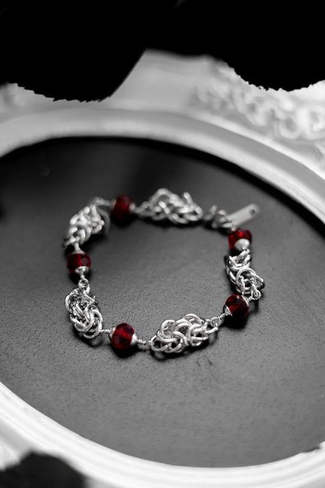 Chainmail Choker, Gothic Vampire, Chain Mail, Red Bead, Choker, Stainless Steel, Bracelet, Beads, High Quality