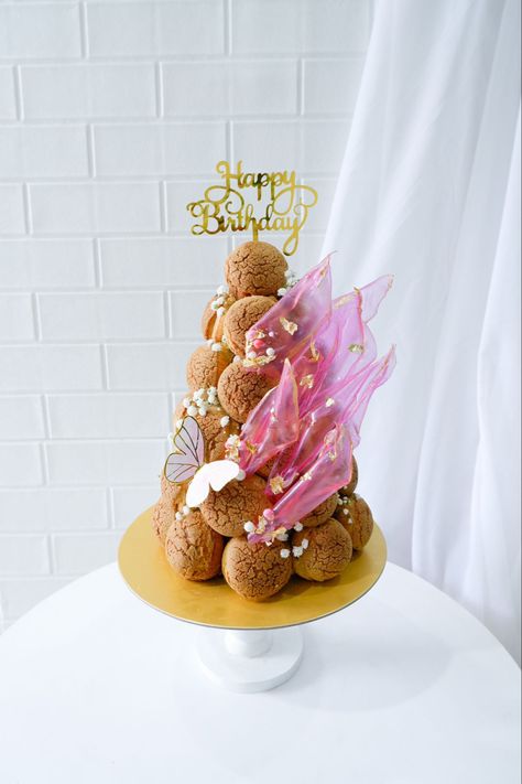 choux tower by @melrosecake Choux Birthday Cake, Choux Tower Birthday, Croquembouche Birthday, Choux Tower, Choux Cake, Pastry Tower, Profiterole Tower, Cream Puff Cakes, Donut Birthday Cake