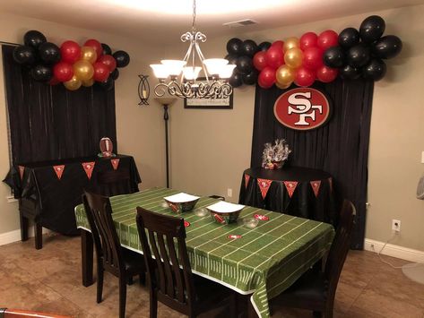 DIY 49ers party decor. I love the way this all turned out! Everything was diy and all 49ers logos and banners were printed out so saved slot of money there. I love saving a few bucks by being able to do it myself❤️ Niners Superbowl Party, Diy 49ers Party Decorations, 49ners Birthday Ideas, San Francisco 49ers Party Ideas, Superbowl Party Food Ideas 49ers, Super Bowl Party Decorations 49ers, San Francisco 49ers Party Decorations, 49ers Birthday Party Decorations Football Themes, 49ers Themed Snacks