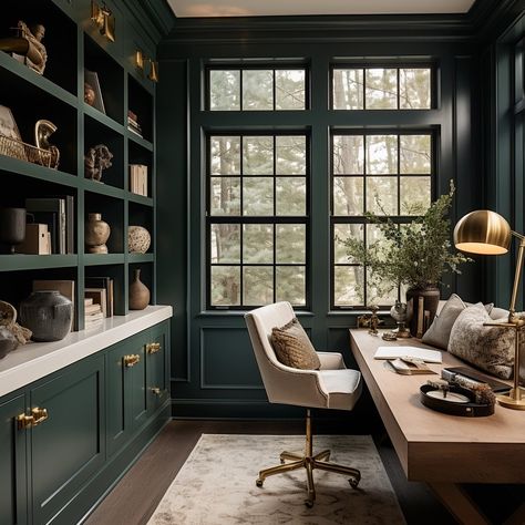 Best Moody Paint Colors of 2024 Dark Green Paint Office, Mudroom Color Ideas Paint, Home Library Paint Colors, Dark Olive Paint Color, Dark And Moody Paint Colors, Painted Sunroom, Moody Green Office, Office Paint Colors Home, Green Library Room