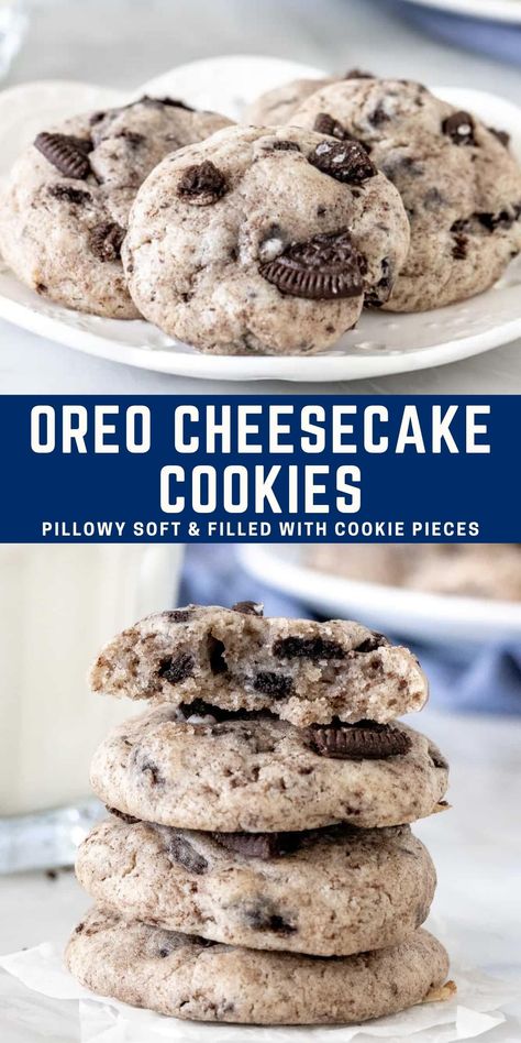 These Oreo cheesecake cookies are made with just a few simple ingredients for a cookie that's pillowy soft and has a deliciously creamy flavor. Then they're filled with chunks of Oreo for the ultimate cookies and cream flavor #cookiesandcream #oreo #cookies #cheesecakecookies from Just So Tasty https://www.justsotasty.com/oreo-cheesecake-cookies/ Oreo Cheesecake Filled Cookies, Cream Cheese Oreo Cookies, Cheesecake Oreo Cookies, Oreo Cheesecake Cookies Recipe, What To Make With Stale Oreos, Things To Make With Oreos Simple, Soft Oreo Cookie Recipe, Weird Cookies, Oreo Cream Cheese Cookies