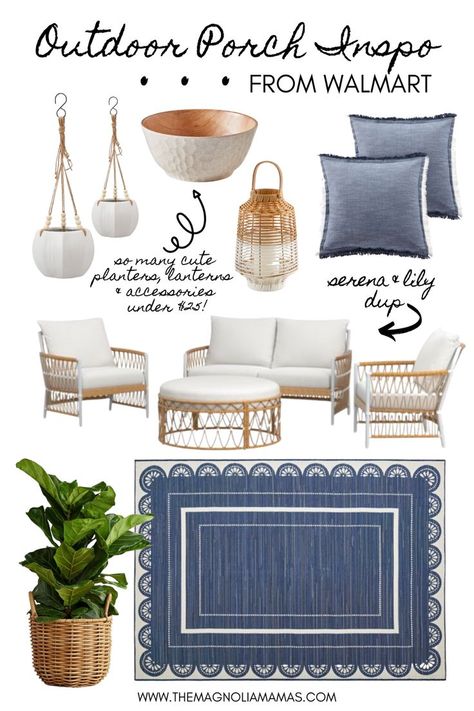 Outdoor Rug And Pillow Ideas, Coastal Patio Furniture, Blue And Green Patio Decor, Coastal Patio Decorating Ideas, Beach House Porch Decor, Cottage Patio Decor, Coastal Patio Decor, Beach Patio Ideas, Florida Front Porch Ideas