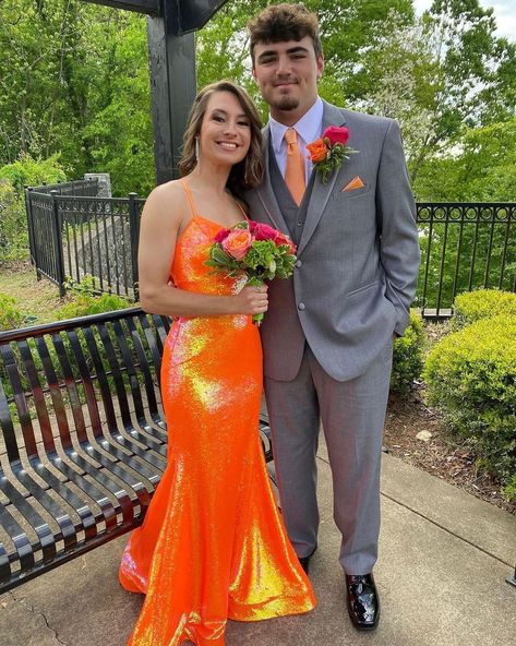 Neon Orange Prom Dress Couple, Neon Orange Prom Dress, Prom Dress Couple, Orange Prom Dress, Teal Prom Dresses, Homecoming Poses, Dress Couple, Orange Prom Dresses, Homecoming Pictures