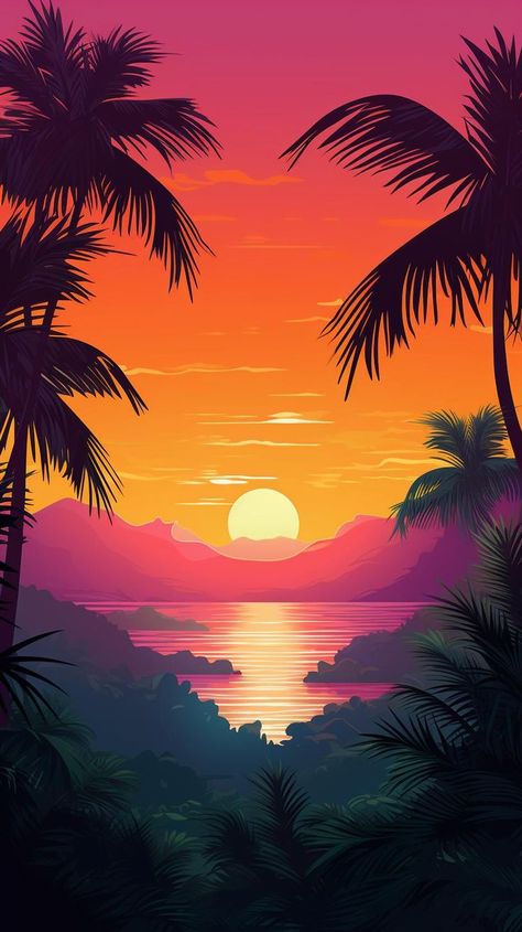 Experience the beauty of a Tropical Sunrise with vibrant colors painting the sky as the sun peeks over the jungle horizon. This stunning painting captures the essence of a new day dawning, filled with warmth and energy. #Tropical #Sunrise #VibrantColors #Painting #NatureArt #JungleHorizon #ArtisticInspiration #NewDayDawning Sun Set Aesthetic, Sunset Mural, Painting The Sky, Colors Painting, Game Background, A New Day, Nature Art, Artist Inspiration, New Day