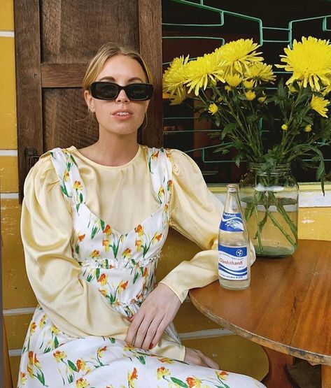 Shrimps on Instagram: “@hannastefansson in the new season Elara Dress , available @theofficialselfridges 💛🌼💛🌼💛🌼💛” Yellow Outfit Color Combos, Pale Yellow Outfit, Shrimp Dressing, Outfit Color Combos, Julia Adams, Hanna Stefansson, Yellow One Piece, Yellow Suit, Yellow Floral Dress