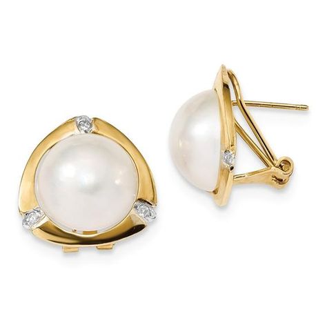 Ladies 14K Yellow Gold Freshwater Pearl & White Diamond Omega Earrings Mabe Pearl, Yellow Earrings, Pearl Earring, Gold Earrings Designs, Yellow Gold Earring, Pearl Diamond, Gold Earrings Dangle, Fine Jewelry Gift, Fine Jewellery Earrings