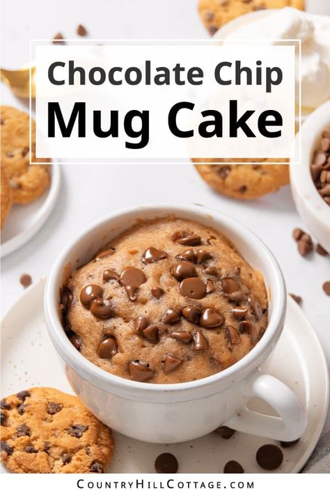 This easy Chips Ahoy mug cake transforms chocolate chip cookies into the most delicious mug cake! It’s moist, rich, full of chocolate chips, and just a treat to eat. You only need a few simple ingredients and 5 minutes from start to finish to make this yummy Chips Ahoy dessert! This chocolate chip cookie mug cake has everything you love about choc chip cookies just in the form of a soft, fluffy cake. It takes only 5 minutes and 6 ingredients to make this treat. | CountryHillCottage.com Chips Ahoy Mug Cake, Choc Chip Mug Cake, Cake For One Recipe, Microwave Mug Cake, Chocolate Chip Mug Cake, Microwave Mug, Chip Mug, Soft Baked Cookies, Mug Cake Microwave