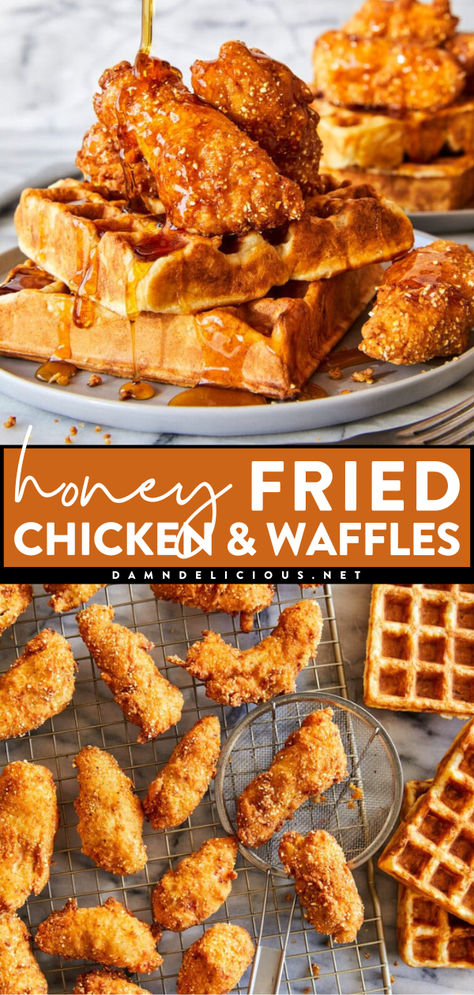 Want more easy brunch menu ideas? Try this chicken and waffle recipe! Made with super crispy fried chicken drizzled in honey glaze and fluffy buttermilk waffles, they're perfect on a breakfast platter. You'll want them as a family dinner idea, too! Chicken And Waffles Recipe Easy, Chicken Waffles Recipe, Honey Fried Chicken, Chicken N Waffles, Easy Waffle Recipe, Buttermilk Waffles, Fried Chicken And Waffles, Waffle Recipe, Breakfast Waffles