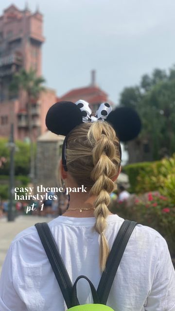 Disneyworld Hair Styles, Cute Hairstyles For A Baseball Game, Cute Updos For Disney, Reverse Bubble Braid, Hairstyle For Theme Park, Disney Hair Styles For Women, Adult Disney Hairstyles, Hair For Theme Park, Theme Park Hairstyles For Long Hair