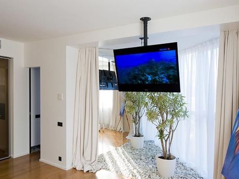 Tv From Ceiling, Hanging Tv Ideas, Tv Hanging From Ceiling, Tv Ceiling Mount, Hanging Tv, Ceiling Tv, Basement Bedroom, Rack Tv, Tagaytay