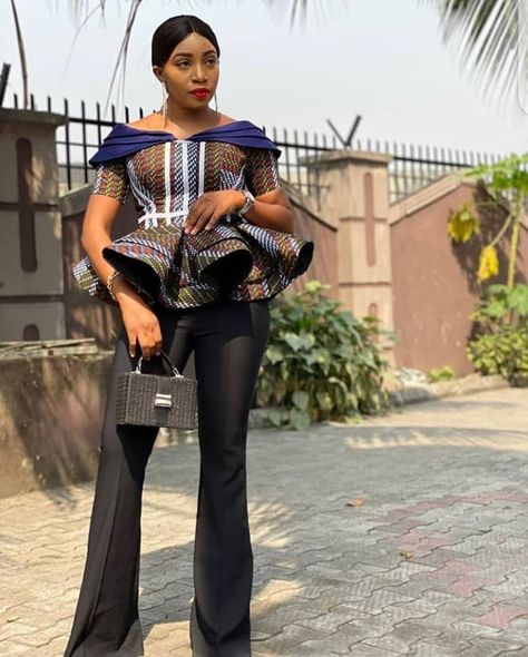 Africa Print Tops For Ladies, Ankara Peplum Top And Trouser, Ankara Peplum Gown Styles, Ankara Peplum Top Outfits, Latest Peplum Styles, Latest Ankara Peplum Tops, Luxury Blouse, Mirrored Bedroom, Peplum Top Outfits