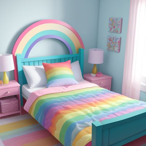 Girls Colorful Bedroom Ideas, Rainbow Girls Bedroom Ideas, Rainbow Bedroom Girl, Girls Rainbow Bedroom Ideas, Kidcore Decor, Rainbow Room Kids Girl Bedrooms, Rainbow Room Aesthetic, Kids Rainbow Bedroom, Rainbow Bedroom Ideas Kids