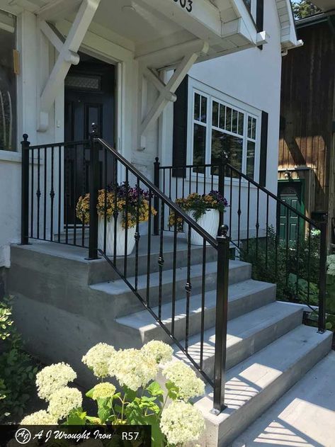 Metal Rails For Front Porch, English Cottage Porch Railing, Outdoor Stair Railings Porch Steps, Wrought Iron Front Porch Railing, Front Stair Railing Exterior, Exterior Iron Railing, Porch Step Railing Ideas, Wrought Iron Porch Railings Front Steps, Front Steps With Railing