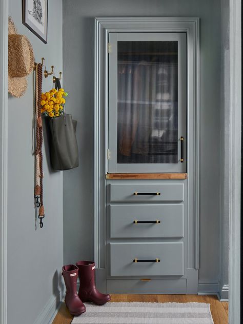 Coats, dog bowls, and kibble all have a place now. Hallway Closet Design, Small Hallway Closet, Butcher Block Shelves, Small Coat Closet, Corrugated Plastic Roofing, Plastic Roofing, Entryway Closet, Hallway Closet, Unique Holiday Decor