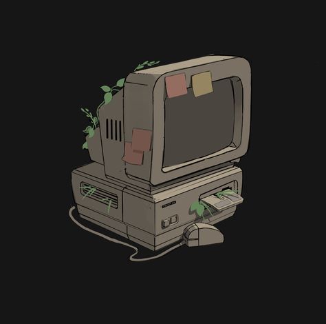 Old Technology Art, Overgrown Computer, Old Computers Aesthetic, Retro Computer Drawing, Computer Aesthetic Drawing, Vintage Computer Illustration, Old Computer Tattoo, Retro Futuristic Computer, Computer Graphics Art