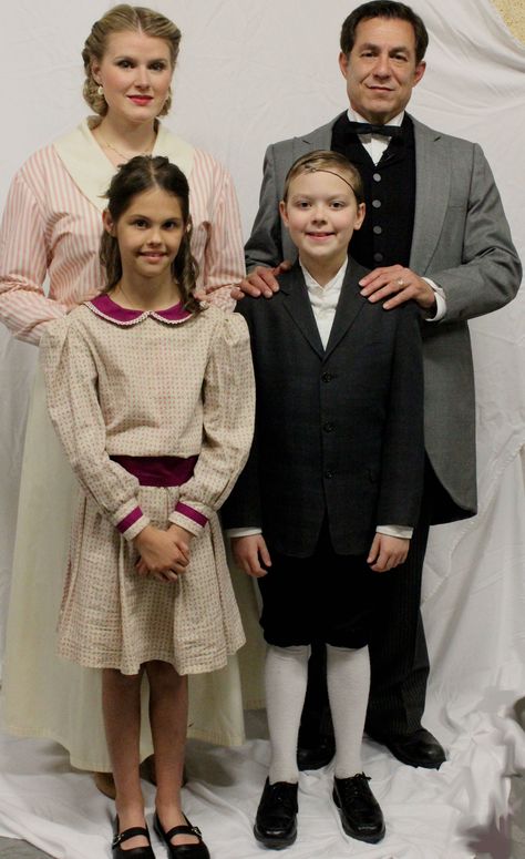 The Banks Family-  George and Winifred Banks, Jane Banks, Michael Banks. Mary Poppins - The Musical For rental information contact jenn@salinatheatre.com Mary Poppins Musical Makeup, Mary Poppins And Bert Costume Diy, Mary Poppins Bert Costume, Winifred Banks, Mrs Banks Mary Poppins, Bert Costume Mary Poppins, Mary Poppins Running Costume, Jane Costume, Musical Makeup