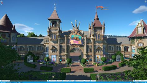 Bloxburg Theme Park, Theme Park Tycoon 2 Entrance Ideas, Theme Park Entrance Design, Roblox Theme Park Tycoon Ideas, Planet Coaster Entrance, Planet Coaster Ideas, Theme Park Tycoon 2 Ideas, Planet Zoo Entrance Ideas, Theme Park Ideas