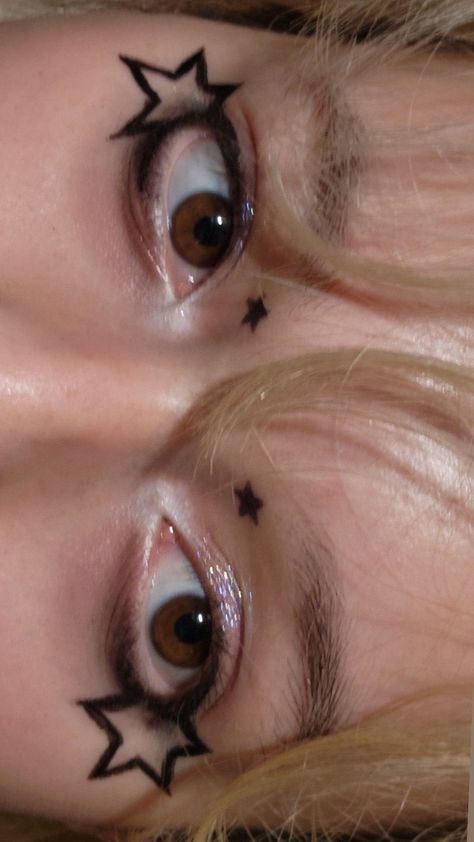 Piercings All Over Face, Cute Star Makeup Looks, Eyeliner Creative Ideas, Fun Liquid Eyeliner Looks, Sharp Eyeliner Aesthetic, Glitter Alt Makeup, Star Over Eye Makeup, Star Makeup Hooded Eyes, How To Put Stars On Nails