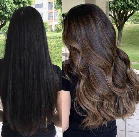 Black Hair Balayage Tan Skin, Black Hair Full Highlights, Bleach Free Balayage Dark Hair, Dark Brown Hair Balayage Ashy, Balayage With Black Roots, Brown Hair Bayalage, Black Hair To Brown Before And After, Dark Hair To Light Before And After, Black To Brown Balayage