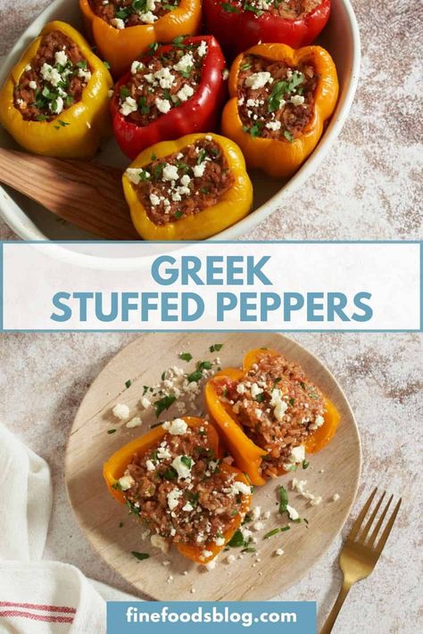 These stuffed Greek peppers are made with lamb and feta cheese and they're gluten free! They have fewer steps and a shorter cooking time than many Gemista recipes. Makes a great freezer meal, and options for dairy free, vegetarian, and vegan. Gemista Recipe, Baked Stuffed Peppers, Cooking Stuffed Peppers, Lamb And Rice, Greek Stuffed Peppers, Greek Chicken And Potatoes, Vegan Stuffed Peppers, Stuffed Peppers Recipe, Beef Ground