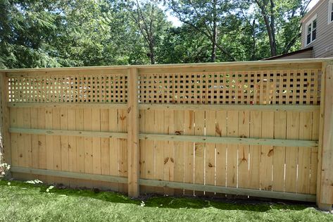 Square Lattice Fence, Lattice Panel Fence, Adding Lattice To Top Of Fence, Wood Fence With Lattice Top, Privacy Fence With Lattice Top, Lattice Fence Ideas Yard Privacy, Lattice Fence Topper, Lattice Fence Ideas, Treated Wood Fence