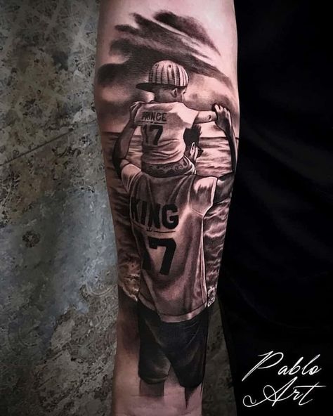 Mens Son Tattoo Ideas, Father Son Soccer Tattoo, Father Son Tattoo Ideas Men, Men Tattoo For Son, Baby Boy Tattoo Ideas For Dad, Son And Dad Tattoos, Son Father Tattoo, Tattoo For Son For Men, Father Tattoo For Son