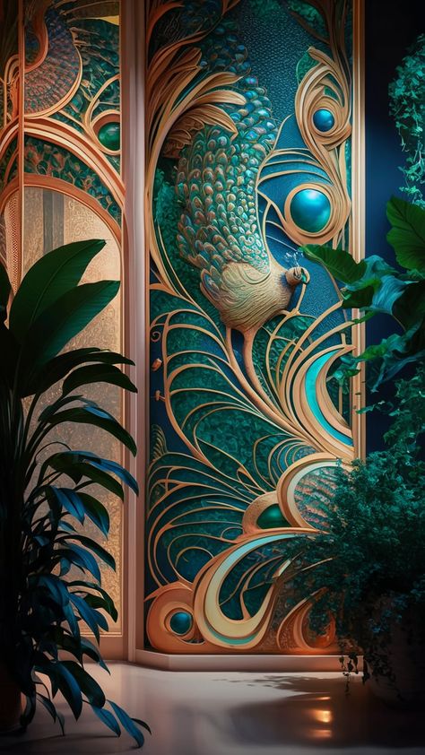 Transform your space with our stunning peacock wallpaper, featuring intricate patterns inspired by nature. This vibrant decor combines iridescent blues, rich emerald greens, and deep golds, reminiscent of Art Nouveau and Art Deco styles. Lush indoor plants and soft ambient lighting enhance its beauty, creating a warm, inviting atmosphere. Elevate your interior with this exquisite nature-inspired design. #PeacockWallpaper #InteriorDesign #ArtNouveau #HomeDecor Vibrant Interior, Peacock Wallpaper, Vibrant Decor, Gold Peacock, Emerald Blue, Exotic Birds, Nature Inspired Design, Nature Indoors, Gold Decor