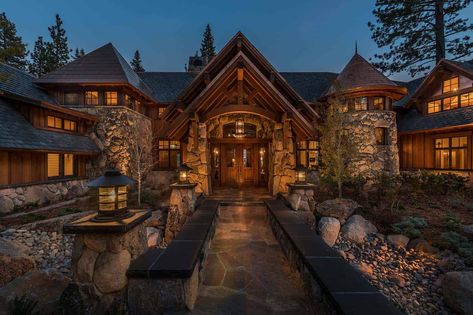 Stunning lodge style home with old world luxury overlooking Lake Tahoe Winter Mansion, Lodge Style Home, Lodge Homes, Stone And Wood, Real Estates Design, Wood House, Lodge Style, Log Cabin Homes, Front Entrance