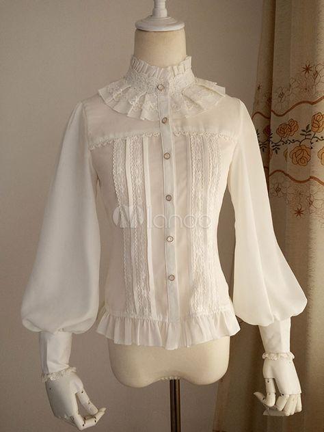 Lolitashow White Chiffon Lolita Blouse Long Gigot Sleeves Ruffles Stand Collar High Collar Shirts, Women Chiffon Blouse, Leg Of Mutton Sleeve, Vintage Princess, High Neck Blouse, Chiffon Floral, White Chiffon, Mori Girl, Gothic Outfits