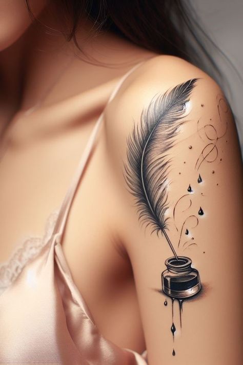 Hand Tattoos Ideas, Fairy Tale Tattoo, Quill Tattoo, Castle Tattoo, Quill And Ink, Elements Tattoo, Pen Tattoo, Feather Quill, Floral Tattoo Sleeve