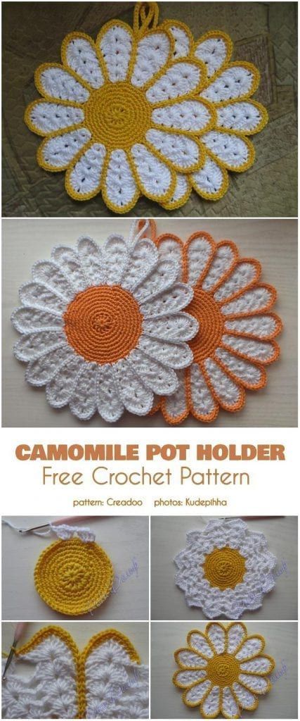 crochet coaster patterns Camomile Flower, Crochet Pot Holders Free Pattern, Crochet Potholder Patterns, Crochet Coasters Free Pattern, Flower Coaster, Crochet Hot Pads, Coaster Pattern, Potholder Patterns, Crochet Coaster Pattern