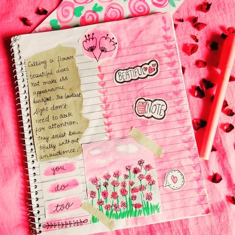 Pink Theme Journal Ideas, Journal Ideas Pink Theme, Pink Border Design Notebook, Journal Pink Theme, Aesthetic Assignment Ideas, Memory Book School, Journals Ideas, Pink Scrapbook, Pink Pages