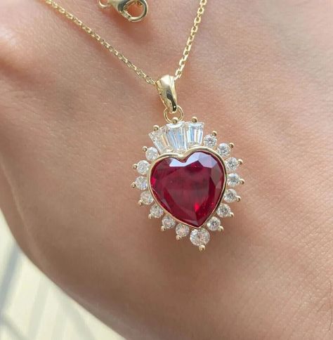 Ruby Heart Pendant, Ruby Heart, Halo Pendant, Valentine Special, Red Ruby, Fine Jewellery Necklace, Fashion Jewelry Necklaces, Real Diamonds, Gold Finish