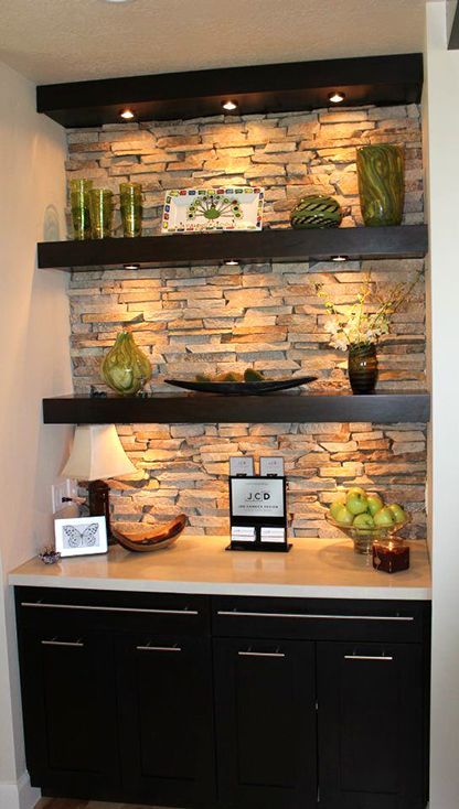 Box for recessed lighting. Floating Shelf Bar Living Room Decor Rustic, Built In Bar, Coffee Bar Home, Home Bar Designs, Floating Shelves Diy, Stone Walls, Basement Bar, Trendy Kitchen, Floating Shelf