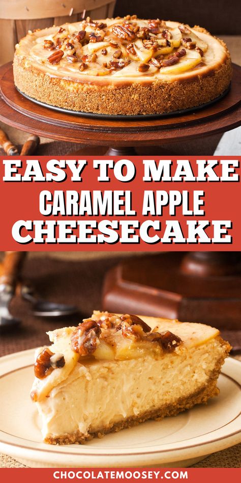 Indulge in the perfect blend of creamy cheesecake and sweet caramel apples with this Easy to Make Caramel Apple Cheesecake. The buttery graham cracker crust supports a rich cream cheese filling, enhanced by a luscious caramel sauce. Topped with sautéed apples and crunchy pecans, this dessert is a stunning centerpiece that’s simple to create yet impressive to serve. Apple Cheesecake Topping, Apple Cinnamon Cheesecake, Apple And Caramel, Sautéed Apples, Baked Caramel Apples, Recipes Using Cream Cheese, Homemade Cheesecake Recipes, Cheesecake Parfaits, Baked Caramel