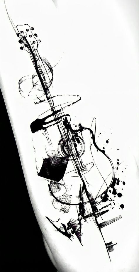 Geometric Music Tattoo Design, Guitar Geometric Tattoo, Guitar Arm Tattoo, Unique Music Note Tattoo, Music Geometric Tattoo, Guitar Music Tattoo, Unique Music Tattoo Ideas, Guitar Tatoos Ideas, Music Half Sleeve Tattoo