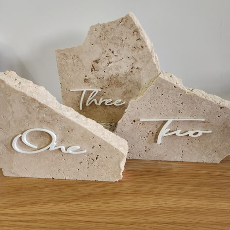 Stone Themed Wedding, Travertine Place Cards, Travertine Wedding Table Numbers, Rock Table Numbers Wedding, Wedding Table Plates Place Settings, Cement Table Numbers, Stone Numbers Wedding, Stone Theme Wedding, Table Numbers Unique