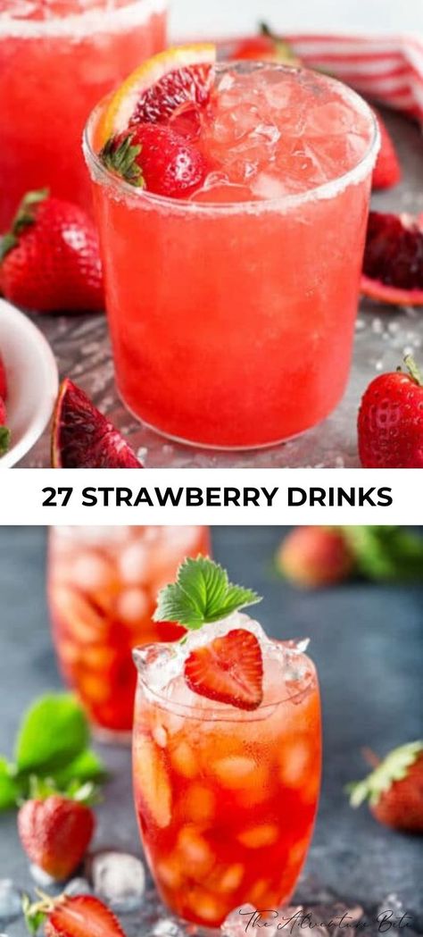 We love strawberry drinks! Especially wonderfully fruity gorgeous drinks! So we gathered the very best strawberry drink recipes to satisfy every craving. Want a show stopping strawberry cocktails for a party, then just try some of these recipes.  #strawberry #drinks #cocktails #summer #spring Strawberry Syrup Drink Recipe, Strawberry Puree Cocktail, Strawberry Puree Drinks, Fresh Strawberry Cocktail Recipes, Strawberry Syrup Cocktails, Strawberry Puree Recipe For Drinks, Strawberry Drinks Non Alcoholic, Strawberry Syrup For Drinks, Strawberry Shortcake Drink