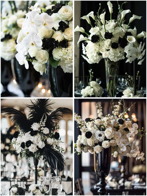 Black And White Wedding Flower Arrangements, Black And White Wedding Theme Classy, White Wedding Flower Arrangements, White Wedding Theme Ideas, Black And White Gala, Black And White Wedding Reception, Black And White Centerpieces, All Black Wedding, White Orchids Wedding