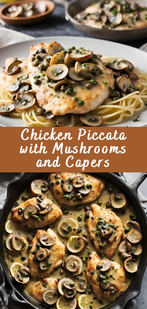 Chicken Piccata with Mushrooms and Capers | Cheff Recipes One Pot Chicken Piccata Pasta, Chicken Piccata With Mushrooms, Chicken Recipes With Capers, Caper Sauce For Chicken, Recipes Using Capers, Chicken With Capers Recipe, Mushroom Piccata, Recipes With Capers, Chicken Piccata With Capers